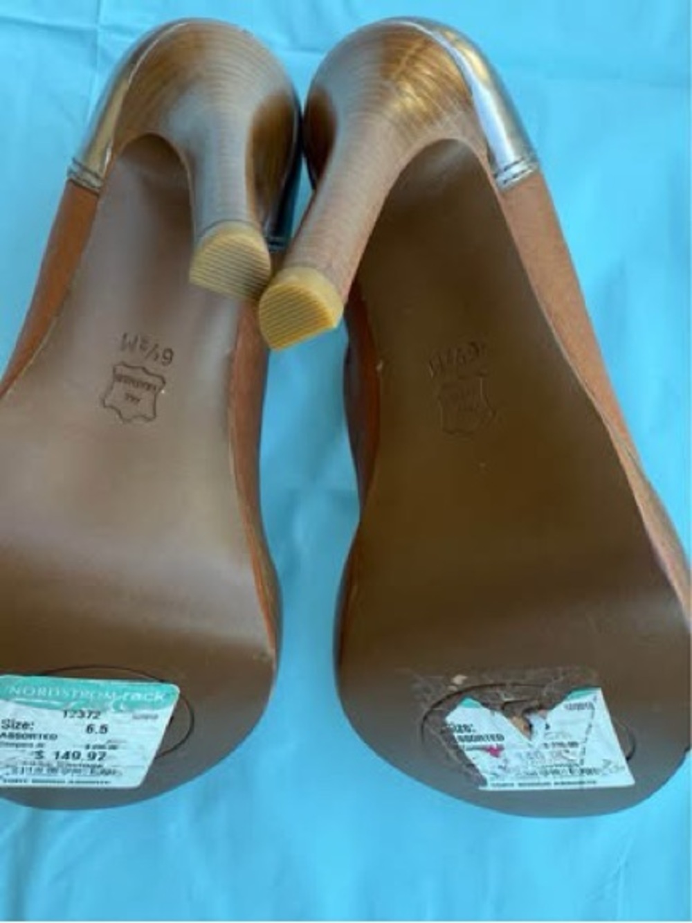 Women's Brown Leather and Metallic Toe Pumps - Picture 4 of 5